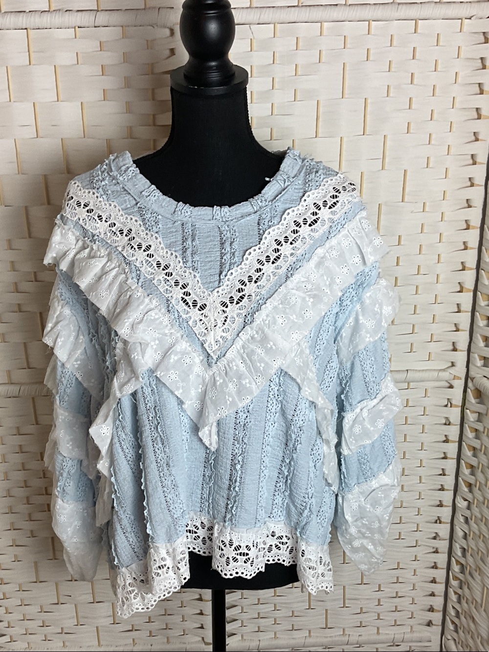 POL Light Blue and White Lace Ruffle Top